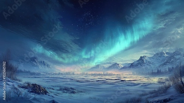 Fototapeta A panoramic view of the Northern Lights illuminating a vast winter landscape, with snow-covered fields and distant mountains.