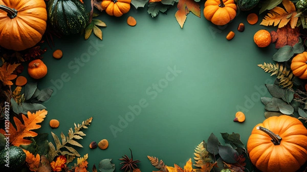 Obraz Frame with pumpkins and autumn leaves on a green  background. Design banner template for autumn cards, halloween, harvest thanksgiving day or Halloween concept  with place for text