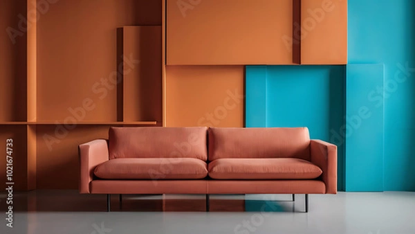 Fototapeta Terra Cotta Sofa Against Orange and Turquoise Paneling Wall in Minimalist Living Room