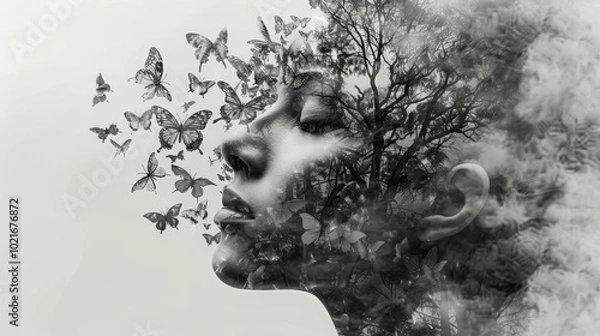 Fototapeta Black and white photo of a woman's face combined with a tree