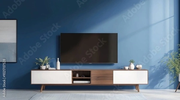 Fototapeta Modern TV Cabinet in Elegant Blue Living Room Interior Design