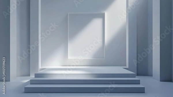 Fototapeta 3D Rendering of a White Room with a White Frame and a White Staircase