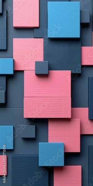 Fototapeta 3D rendering of a geometric pattern of blue and pink squares