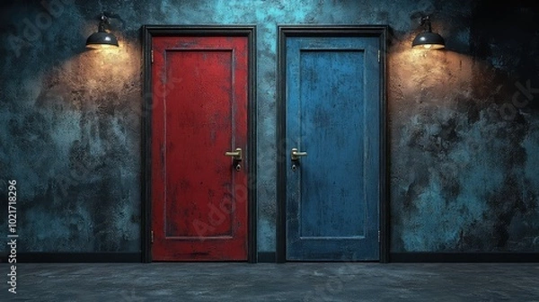 Fototapeta  Photorealistic high-resolution image of a red and blue door in an empty room with metal frames, black trim, concrete floor, and dramatic lighting.