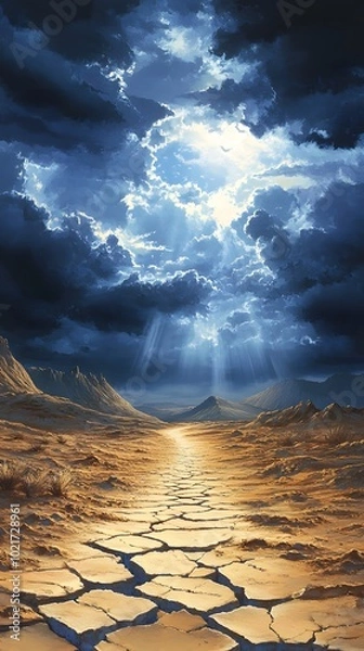 Fototapeta A vast, cracked desert under an ominous sky, symbolizing the global dystopian future of climate change and environmental decay