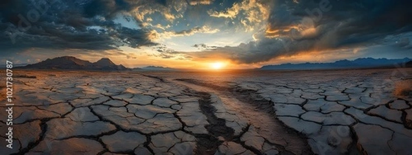 Fototapeta A vast, cracked desert under an ominous sky, symbolizing the global dystopian future of climate change and environmental decay