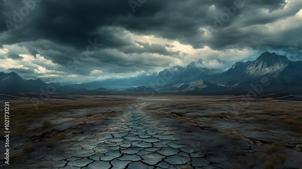 Fototapeta A vast, cracked desert under an ominous sky, symbolizing the global dystopian future of climate change and environmental decay