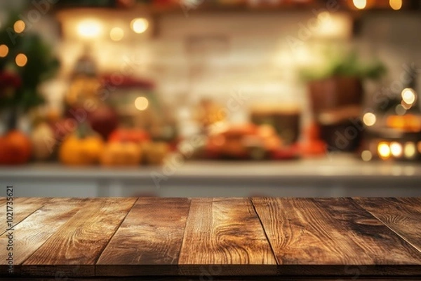 Fototapeta a wooden table top in front of a kitchen counter