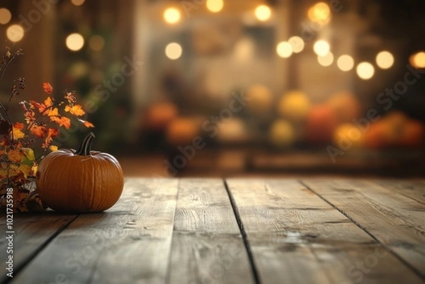 Fototapeta a wooden table topped with a pumpkin next to a plant