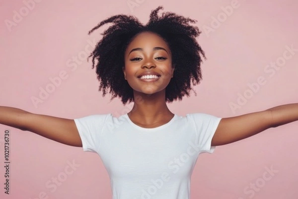 Fototapeta a woman with her arms out and smiling