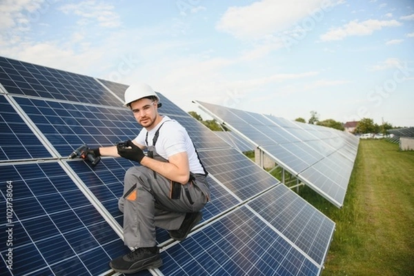 Fototapeta Worker installing solar panels outdoors