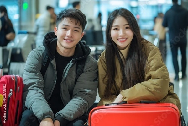 Fototapeta a man and a woman sitting next to each other with luggage
