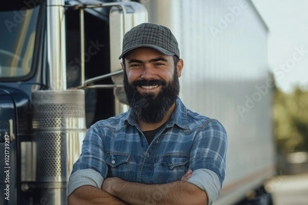 Fototapeta a man with a beard standing in front of a truck