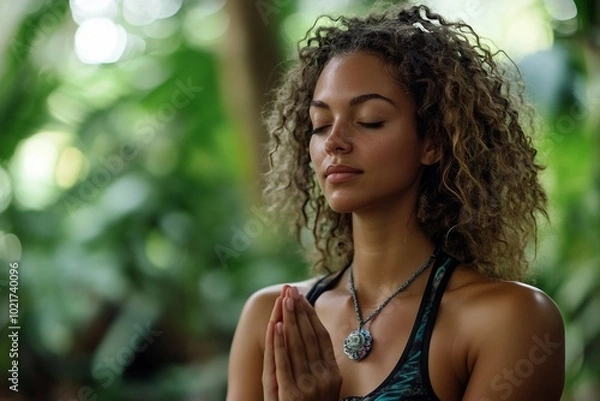 Fototapeta a woman with curly hair is praying in a forest