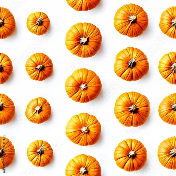 Fototapeta Seamless pattern of small orange pumpkins arranged on a white background, creating a festive and seasonal design.