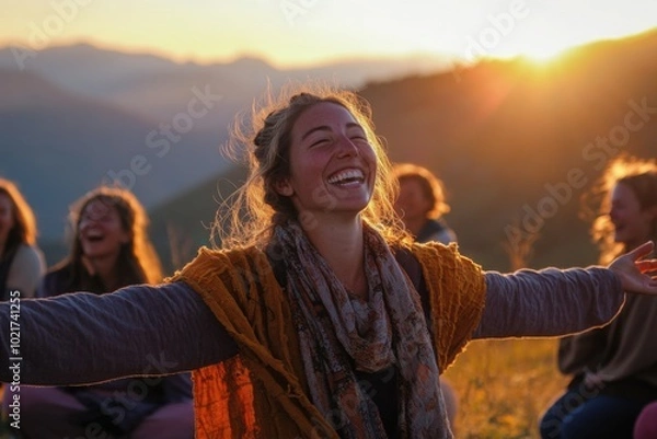 Fototapeta a group of women sitting on top of a grass covered field