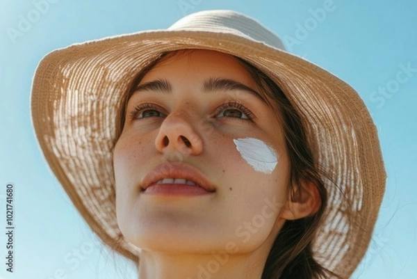Fototapeta a woman wearing a straw hat with a white patch on her cheek