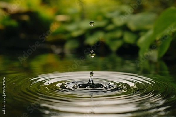Fototapeta a close up of a water drop with green plants in the background
