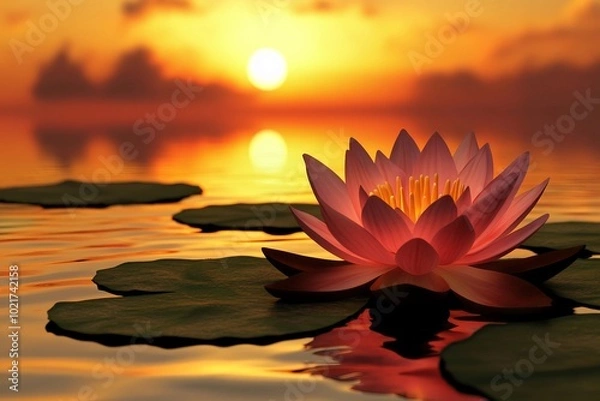 Fototapeta a pink water lily floating on top of a lake