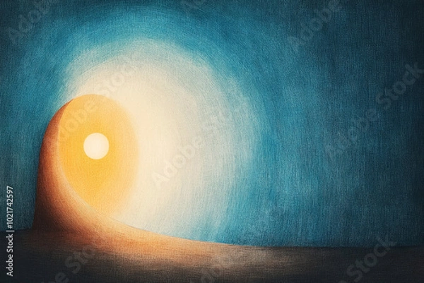 Fototapeta A bright sun emerging from a dark horizon in a stylized landscape. Ideal for abstract and artistic projects.
