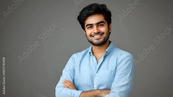 Fototapeta A portrait of an attractive young Indian man with wavy hair, smiling and standing confidently in front of a grey background, wearing a dark blue shirt
