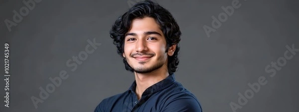 Fototapeta A portrait of an attractive young Indian man with wavy hair, smiling and standing confidently in front of a grey background, wearing a dark blue shirt