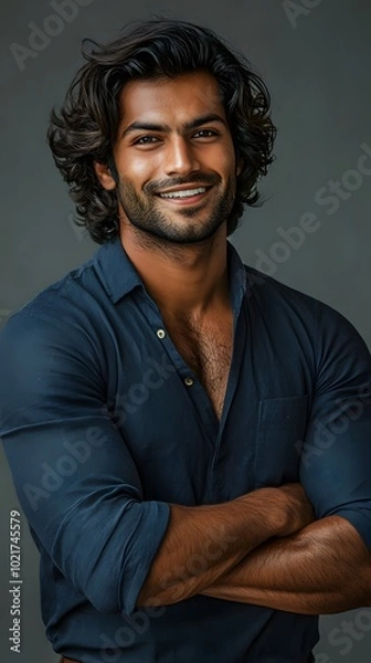 Fototapeta A portrait of an attractive young Indian man with wavy hair, smiling and standing confidently in front of a grey background, wearing a dark blue shirt