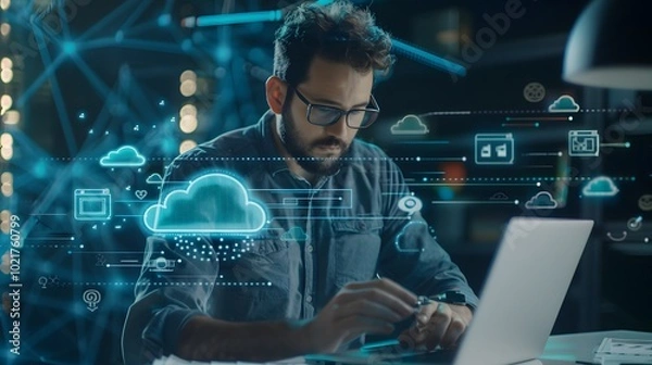 Fototapeta Professional man working on a laptop with abstract cloud