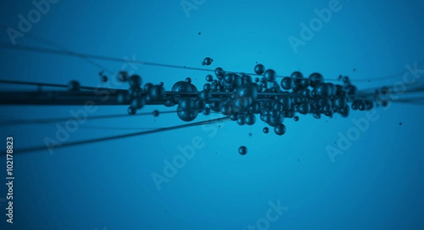 Fototapeta Abstract black bubbles cluster over black cables - resembling molecular cluster, atoms or macro microscopic vision deep in the sky or underwater artificial background - cg illustration