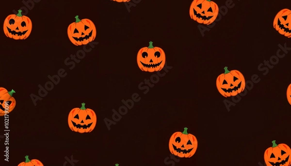 Fototapeta Pattern of smiling Halloween pumpkins on a dark background, creating a festive holiday atmosphere