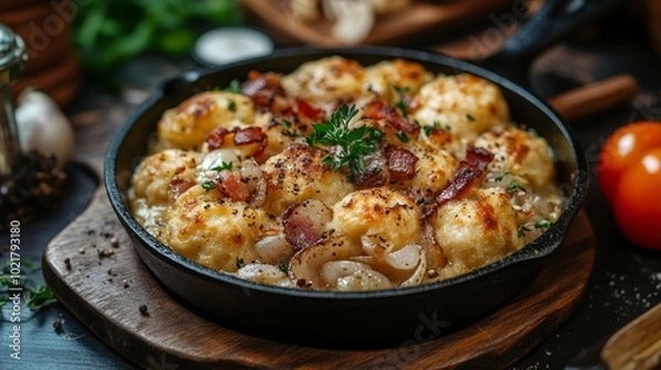 Obraz Close up of a skillet filled with cheesy potato dumplings topped with crispy bacon and fresh parsley.