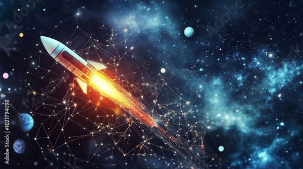 Fototapeta A simple, artistic design of a rocket flying through a starry sky. It uses dots, lines, and shapes to represent planets, stars, and the vastness of space.