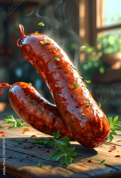 Obraz salami sausage with sliced pieces, surrounded by fresh herbs and peppercorns