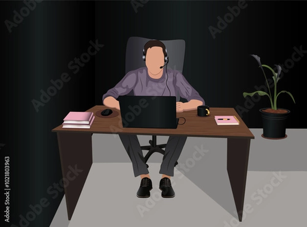 Fototapeta Call center in vector, office, the man working, there are notebook , books, cup, pen, computer with mouse in tne table, flower in a pot, black office, headphones , speeking with customer