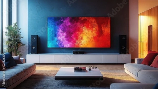 Fototapeta Modern room design with a large flat screen TV and a colorful image. Modern room.
