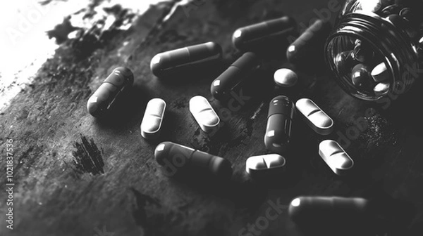 Obraz Ominous and toxic-looking prescription pills or illicit drugs in grungy setting