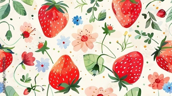 Fototapeta Berries set on abstract background. Cherry, raspberry, blueberry, blackberry, strawberry and other berry taste. Fresh summer juicy berry. Flat Vector illustration