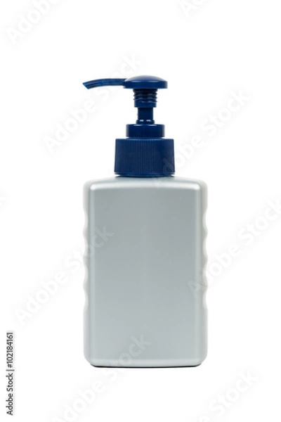 Fototapeta Gray cleanser or lotion bottle with pump on white background