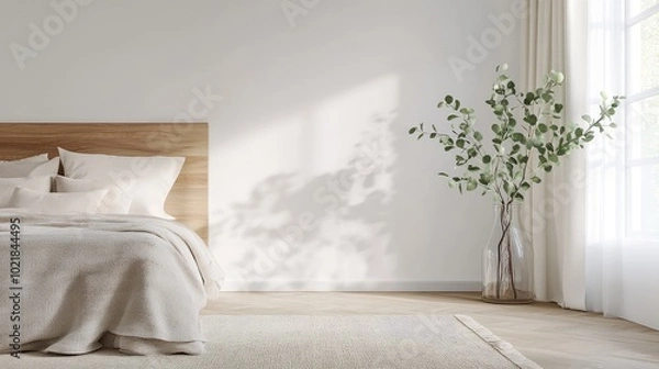 Fototapeta This tranquil bedroom features a wooden bed and a textured wall, illuminated by soft, natural light filtering through the window. Eucalyptus adds a soothing touch.