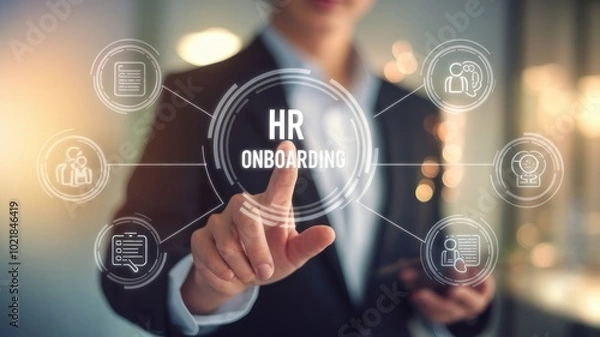 Obraz A business professional interacting with a digital interface, focusing on HR onboarding processes with various icons representing key tasks and information.