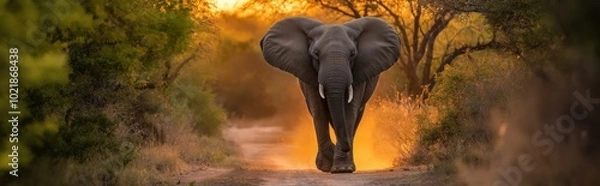 Fototapeta A powerful elephant walks through a forest path, surrounded by golden sunset and dust clouds
