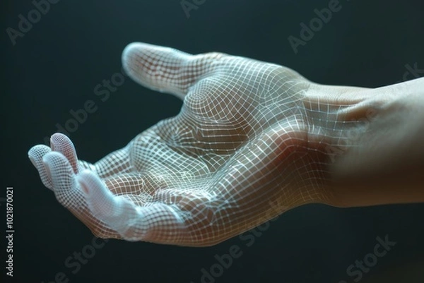 Fototapeta Mesh wireframe hand activity. A digitally rendered hand displays intricate patterns, symbolizing innovation, technology, and human interaction with data.