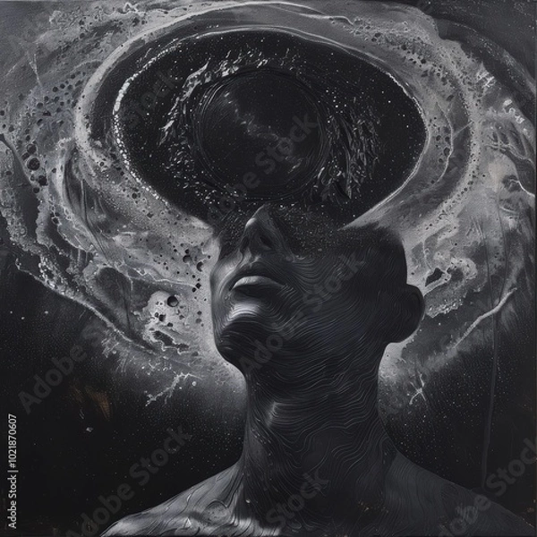 Fototapeta multidimensionally The Black Whole Truth. A surreal portrait depicting a person with a cosmic swirl emanating from their head, blending human form with elements of the universe.