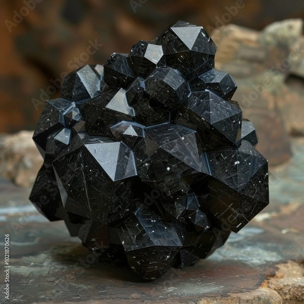 Fototapeta A mineral cluster of shiny black crystals displaying unique geometric shapes and textures on a natural stone surface.