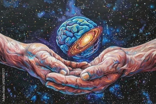 Fototapeta A captivating illustration of hands cradling a brain-shaped planet amidst a cosmic backdrop, symbolizing the connection between mind and universe.