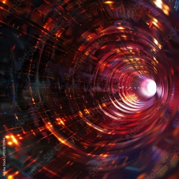 Obraz Observing a light source creates a quantum tunnel across the zero point field. A vibrant, swirling tunnel of lights in red and orange hues, evoking a sense of motion and depth.
