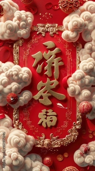 Fototapeta A vibrant chinese red background features intricate golden designs and soft clouds, symbolizing prosperity and richness, often associated with traditional celebrations.