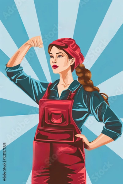 Fototapeta A strong woman in overalls flexes her arm confidently against a sunburst background, embodying empowerment and determination.