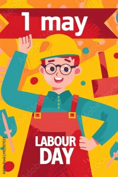 Fototapeta A cheerful illustration celebrating Labour Day on May 1, featuring a worker in overalls and a hard hat, surrounded by tools and vibrant colors.