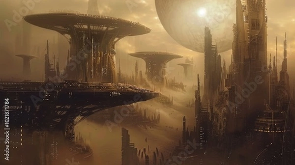 Fototapeta A surreal, futuristic landscape featuring towering structures, floating islands, and a glowing celestial body, all enveloped in a warm, otherworldly atmosphere.